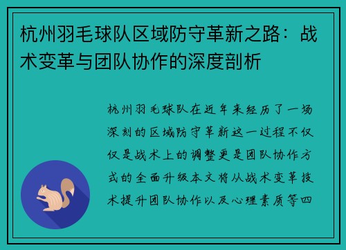 杭州羽毛球队区域防守革新之路：战术变革与团队协作的深度剖析