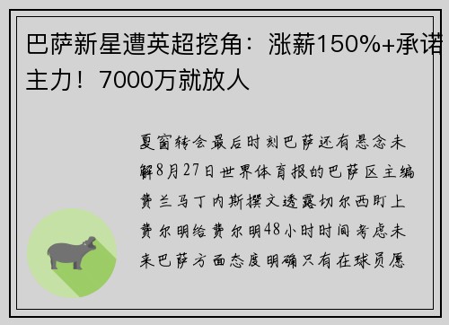 巴萨新星遭英超挖角：涨薪150%+承诺主力！7000万就放人