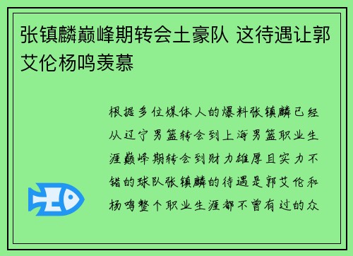 张镇麟巅峰期转会土豪队 这待遇让郭艾伦杨鸣羡慕